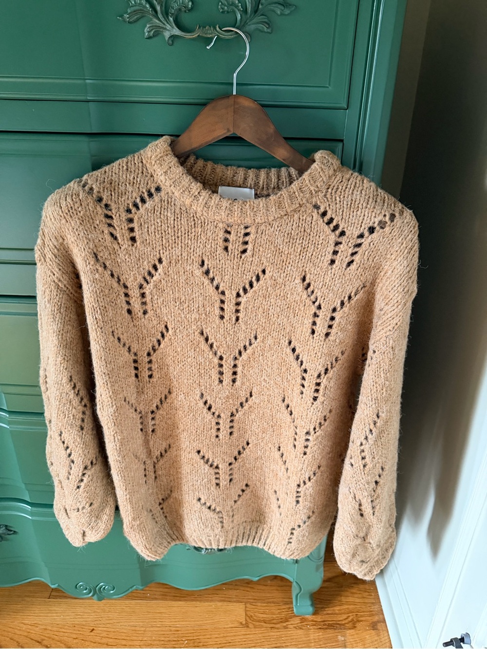 J.O.A. Super Soft Openwork Crewneck Sweater in Camel